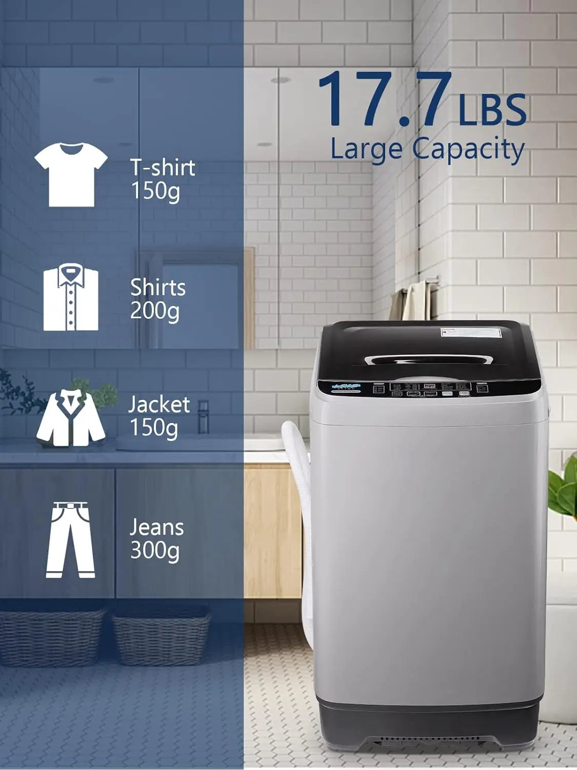 KRIB BLING Full Automatic Washing Machine with LED Display, 17.7 lbs Portable Washer Drain Pump, 10 Programs & 8 Water Levels Se