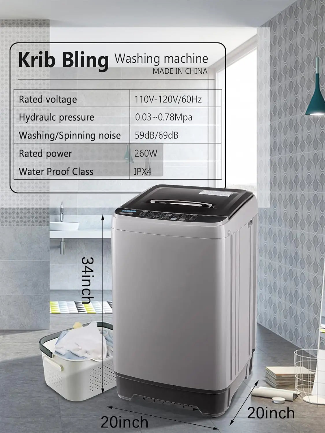 KRIB BLING Full Automatic Washing Machine with LED Display, 17.7 lbs Portable Washer Drain Pump, 10 Programs & 8 Water Levels Se