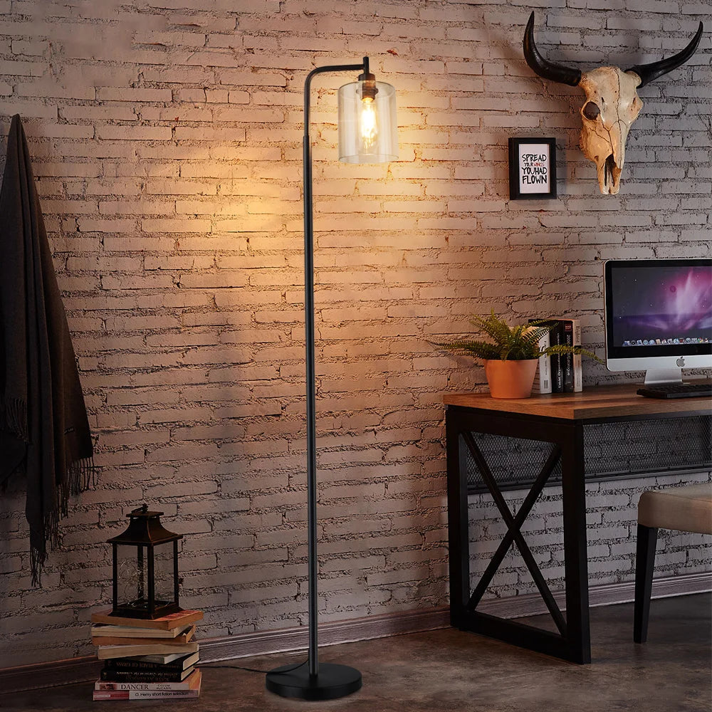 Depuley Nordic Vertical Metal LED Floor Lamp Glass Shade Brass Pole Arc Tall Lighting for Living Bedroom Office E26 Gold/Black