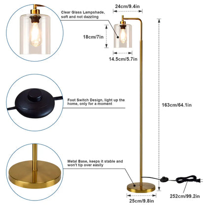 Depuley Nordic Vertical Metal LED Floor Lamp Glass Shade Brass Pole Arc Tall Lighting for Living Bedroom Office E26 Gold/Black