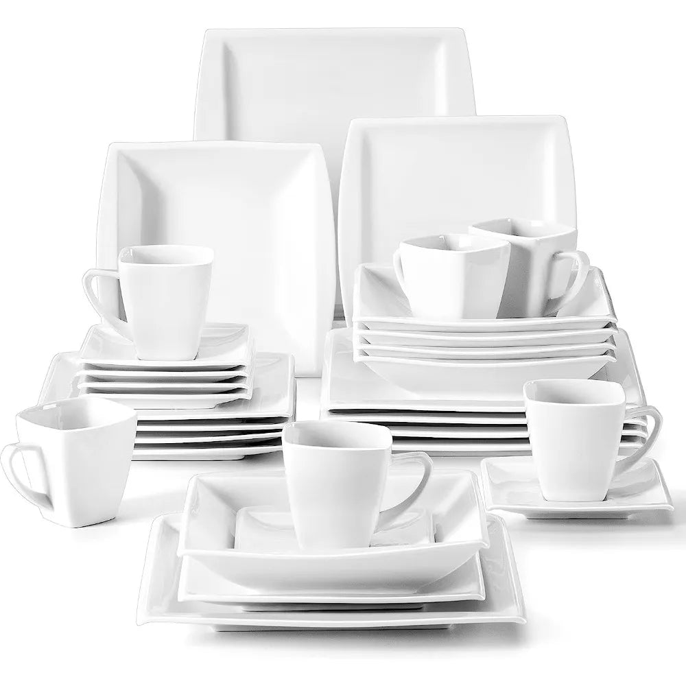 Plates and Bowls Sets, Square Dinnerware Sets, Kitchen Dish Set, Porcelain White Dinnerware Set