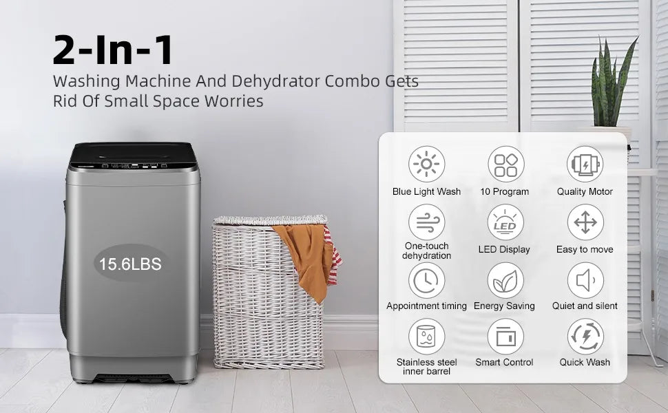 Full-Automatic Washing Machine, Portable Washer, with Drain Pump, LED Display/8 Water Levels Selections/10 Programs, 15.6lbs