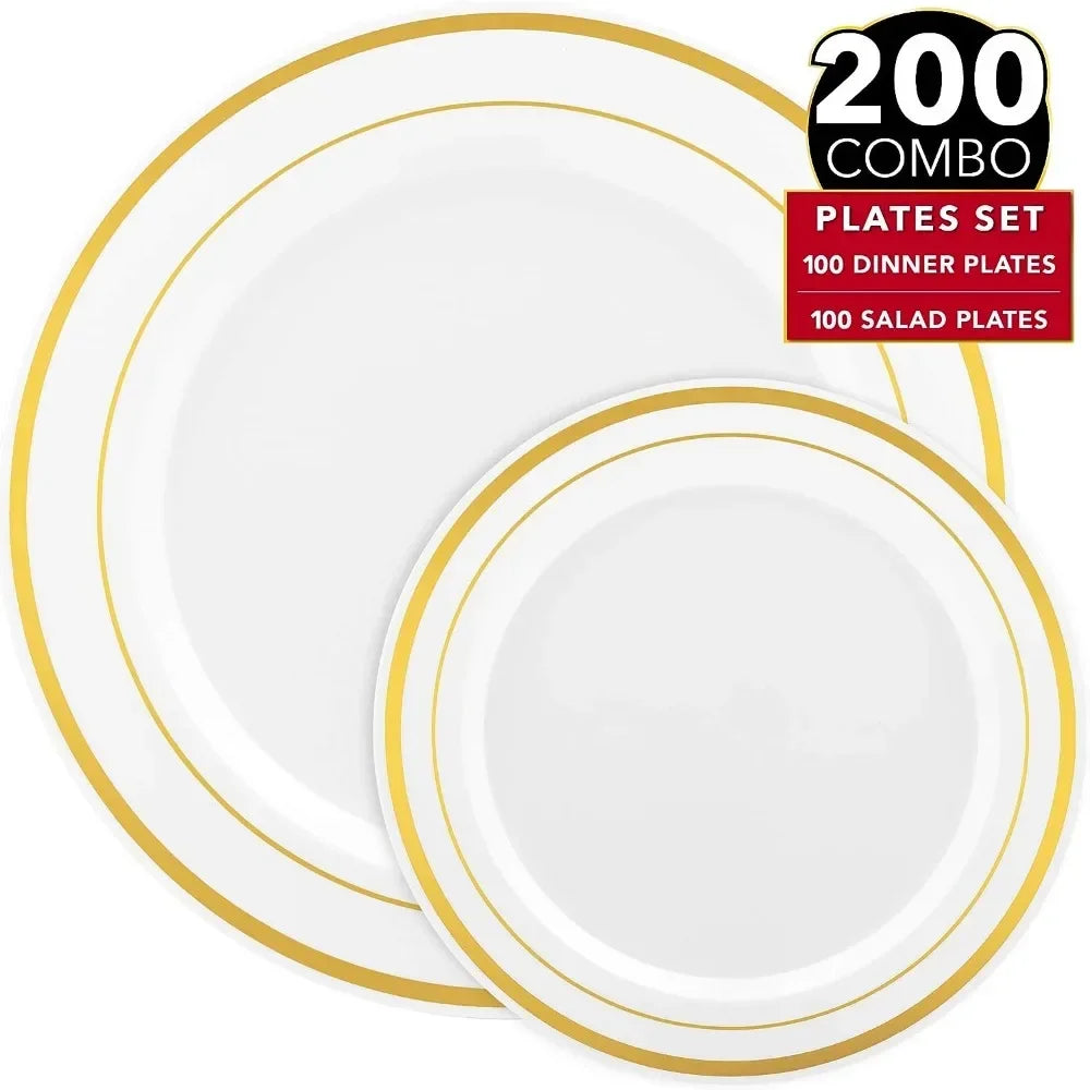 200pc Gold Plastic Plates - 100 Dinner Plates & 100 Salad Plates, Party Plates Disposable Heavy Duty - Dessert, Appetizer