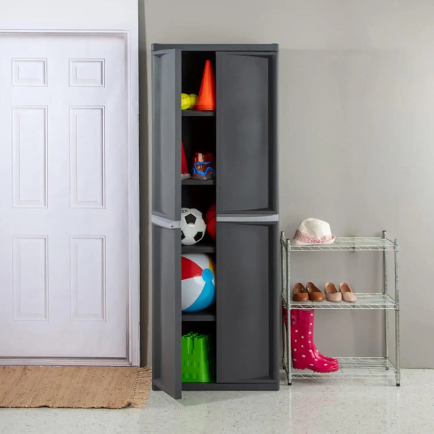 4 Shelf Unit, Heavy Duty and Easy to Assemble Plastic Storage Unit, Organize Bins in the Garage