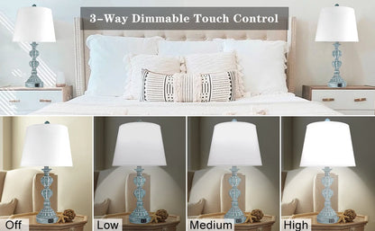 Touch Control Table Lamp Set of 2, 3-Way Dimmable Bedside Nightstand Lamp with 2 USB Charging Ports, Coastal Farmhouse Desk Lamp