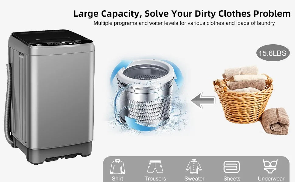 Full-Automatic Washing Machine, Portable Washer, with Drain Pump, LED Display/8 Water Levels Selections/10 Programs, 15.6lbs