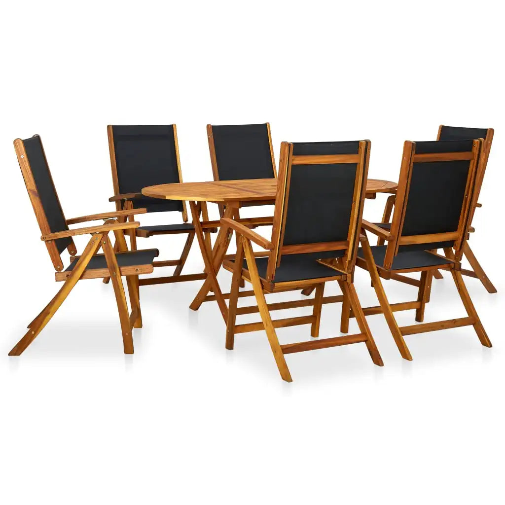 7 Piece Patio Dining Set Solid Acacia wooden dining set consists of 1 oval table and 6 folding chairs