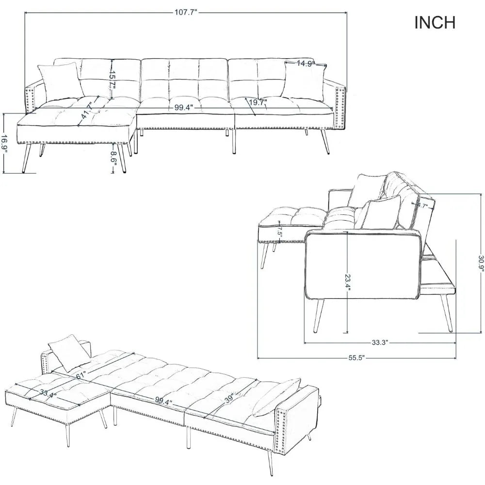 Sofa Living Room Sofas for Home Sectional Sleeper 900 LB Heavy Duty 107 Inch 3 Seater L Shaped Sofa Chaise Black Furniture Bed