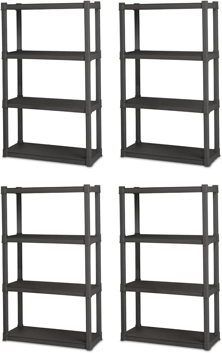 4 Shelf Unit, Heavy Duty and Easy to Assemble Plastic Storage Unit, Organize Bins in the Garage