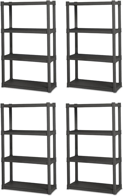 4 Shelf Unit, Heavy Duty and Easy to Assemble Plastic Storage Unit, Organize Bins in the Garage