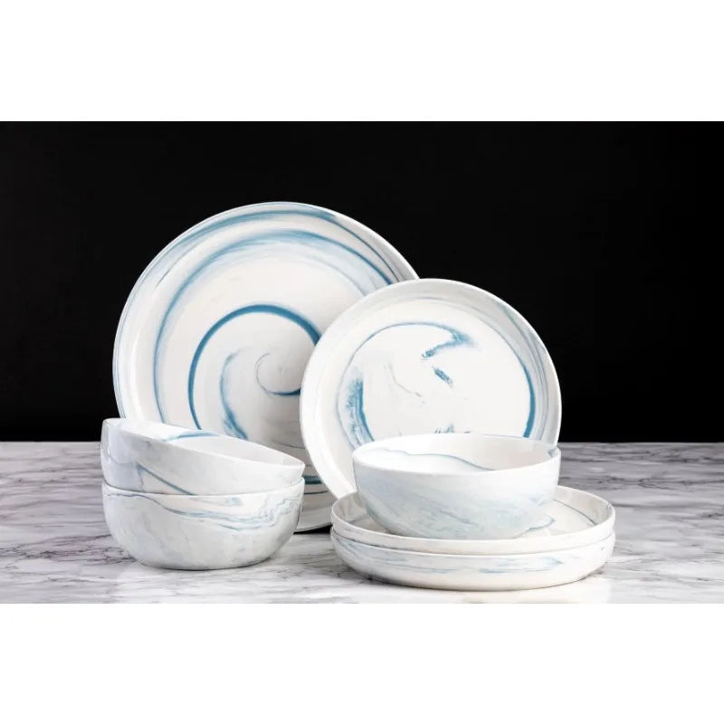 12-Piece Dinnerware Grey Marble Stoneware Set