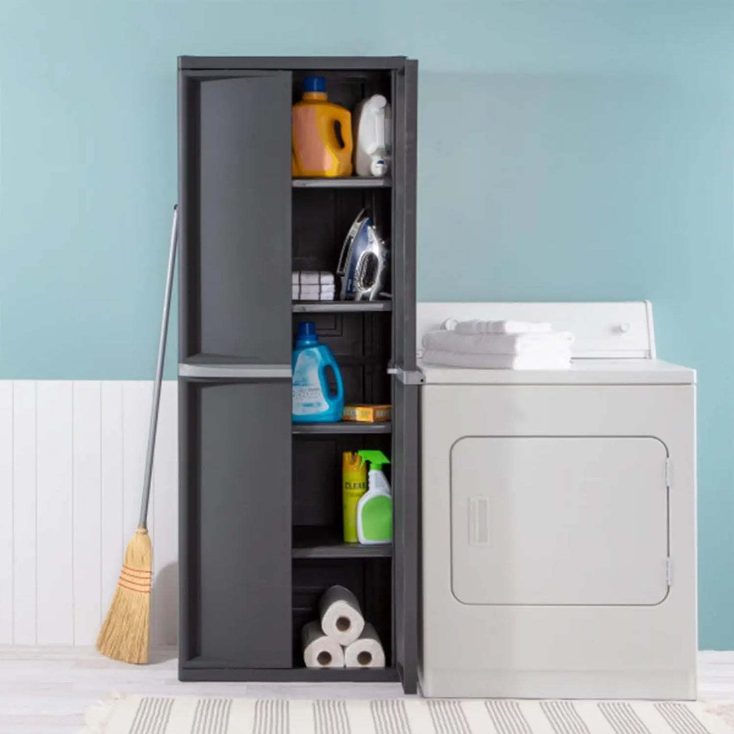 4 Shelf Unit, Heavy Duty and Easy to Assemble Plastic Storage Unit, Organize Bins in the Garage