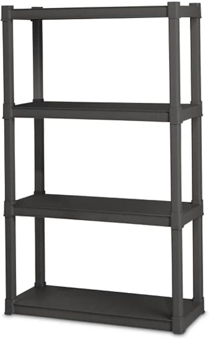 4 Shelf Unit, Heavy Duty and Easy to Assemble Plastic Storage Unit, Organize Bins in the Garage