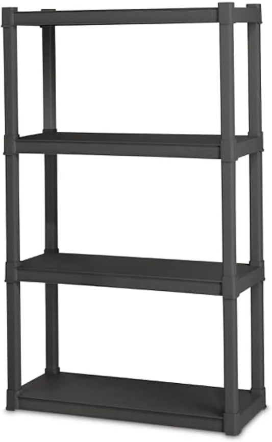 4 Shelf Unit, Heavy Duty and Easy to Assemble Plastic Storage Unit, Organize Bins in the Garage