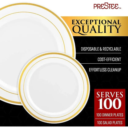 200pc Gold Plastic Plates - 100 Dinner Plates & 100 Salad Plates, Party Plates Disposable Heavy Duty - Dessert, Appetizer