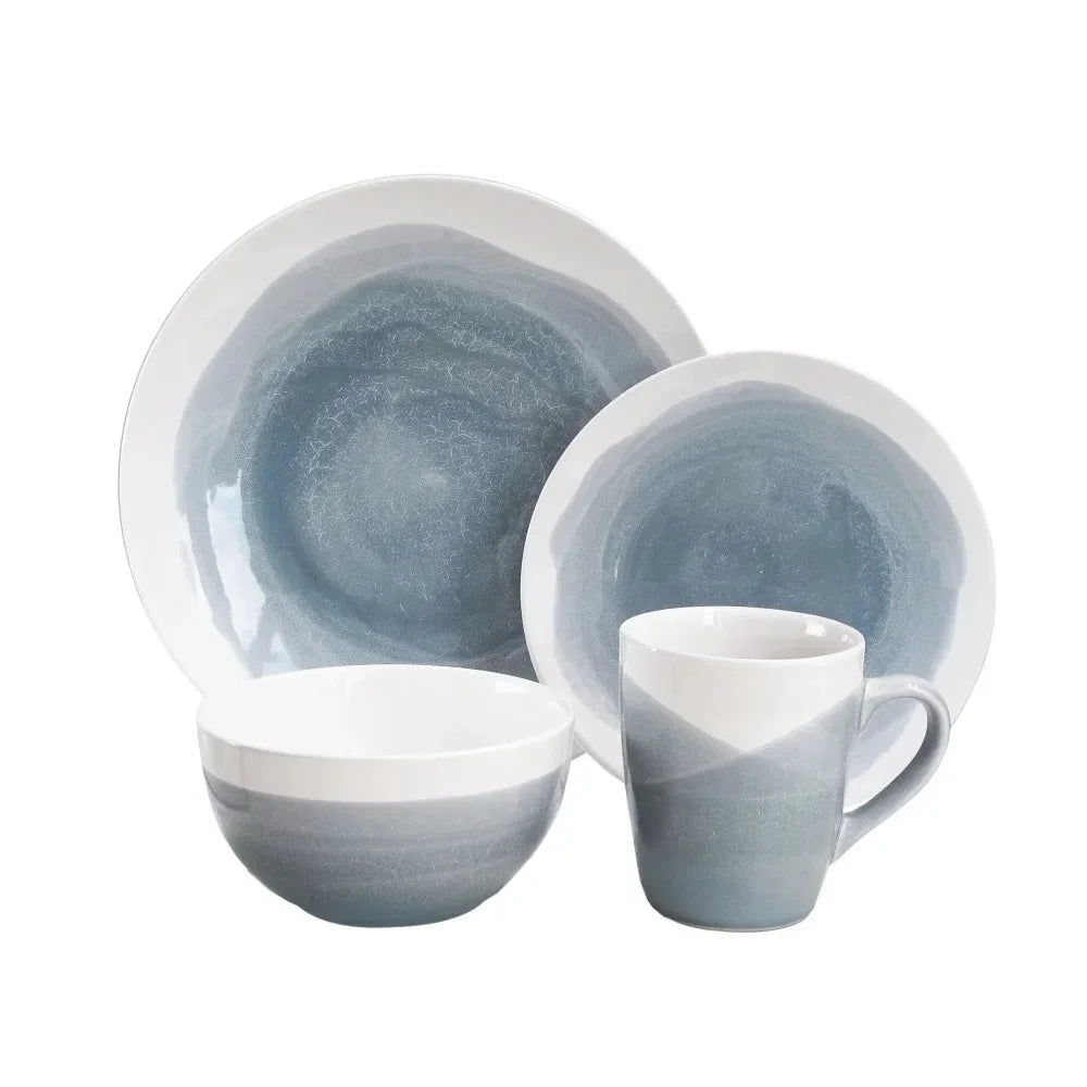 16-Piece Dinnerware Set Plates Sets for Home Dinner Set Dishes and Plate Set Blue Gray, Round, Stoneware