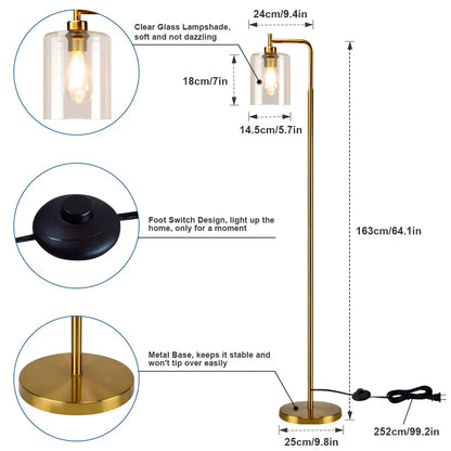 Depuley Nordic Vertical Metal LED Floor Lamp Glass Shade Brass Pole Arc Tall Lighting for Living Bedroom Office E26 Gold/Black