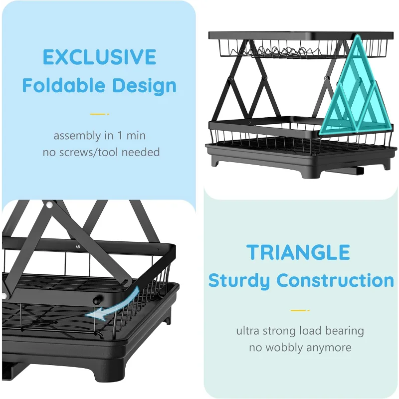 VOGWOLTH 2 Tier Collapsible Dish Drying Rack with Drainboard for Kitchen Counter Plate Holder Dishes Drainer Dryer Dishrack Dry