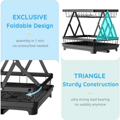 VOGWOLTH 2 Tier Collapsible Dish Drying Rack with Drainboard for Kitchen Counter Plate Holder Dishes Drainer Dryer Dishrack Dry