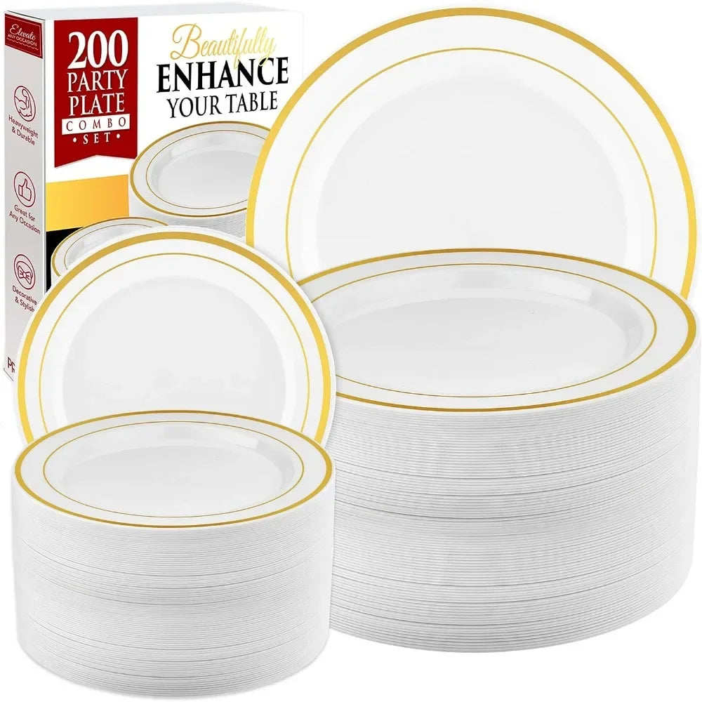 200pc Gold Plastic Plates - 100 Dinner Plates & 100 Salad Plates, Party Plates Disposable Heavy Duty - Dessert, Appetizer