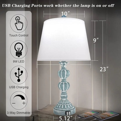 Touch Control Table Lamp Set of 2, 3-Way Dimmable Bedside Nightstand Lamp with 2 USB Charging Ports, Coastal Farmhouse Desk Lamp