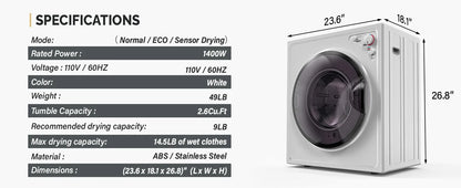 Electric Compact Front Load Tumble Laundry Dryer