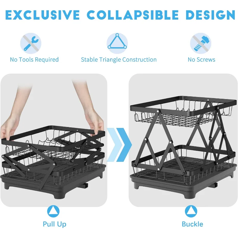 VOGWOLTH 2 Tier Collapsible Dish Drying Rack with Drainboard for Kitchen Counter Plate Holder Dishes Drainer Dryer Dishrack Dry