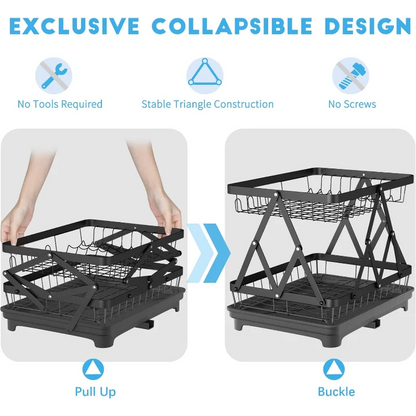 VOGWOLTH 2 Tier Collapsible Dish Drying Rack with Drainboard for Kitchen Counter Plate Holder Dishes Drainer Dryer Dishrack Dry