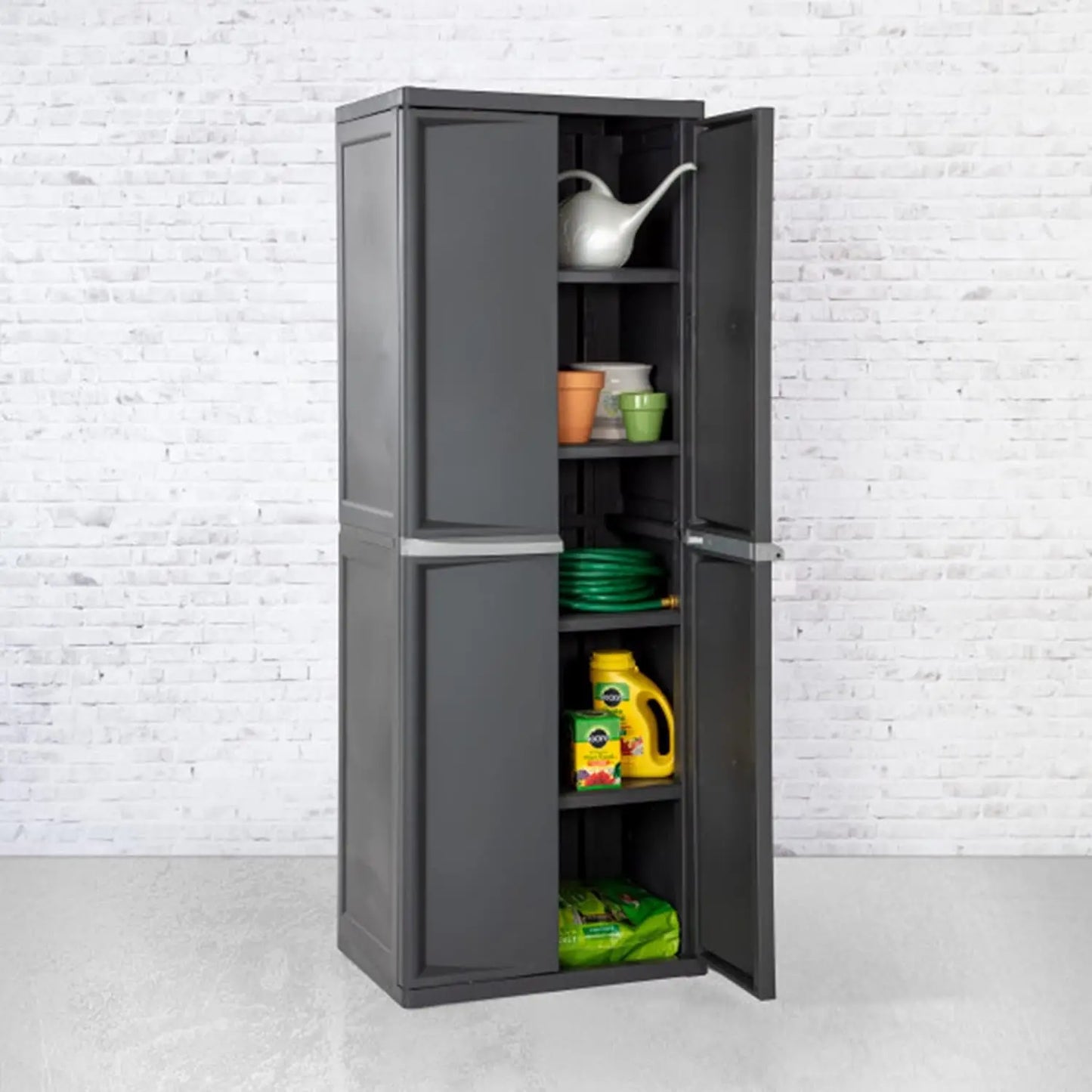 4 Shelf Unit, Heavy Duty and Easy to Assemble Plastic Storage Unit, Organize Bins in the Garage