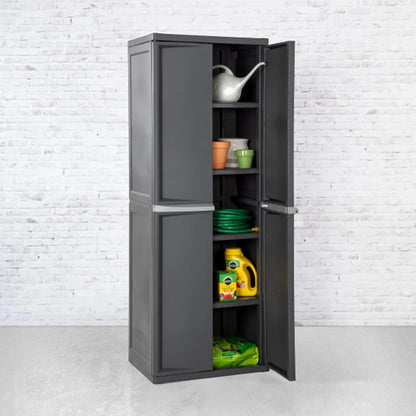 4 Shelf Unit, Heavy Duty and Easy to Assemble Plastic Storage Unit, Organize Bins in the Garage