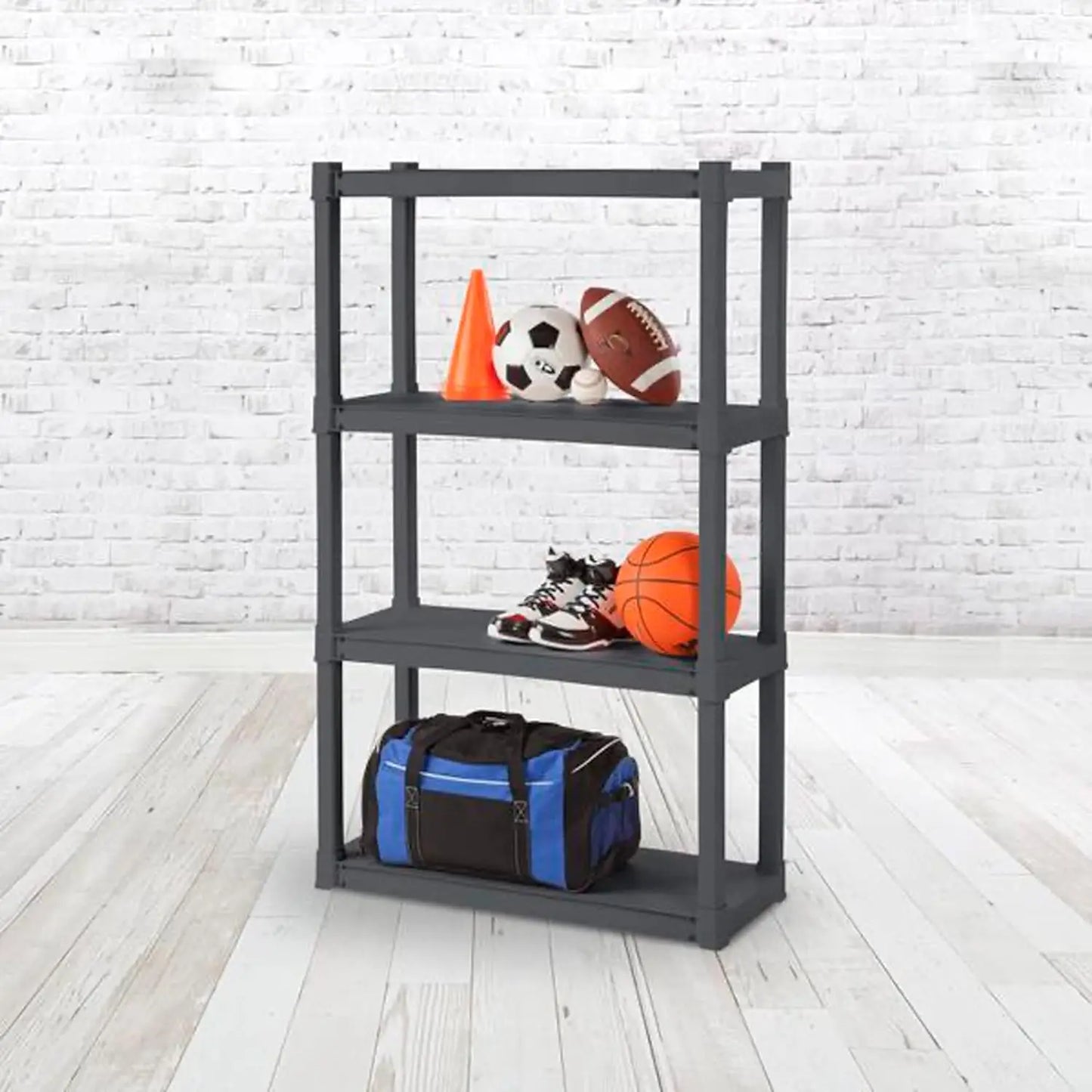 4 Shelf Unit, Heavy Duty and Easy to Assemble Plastic Storage Unit, Organize Bins in the Garage