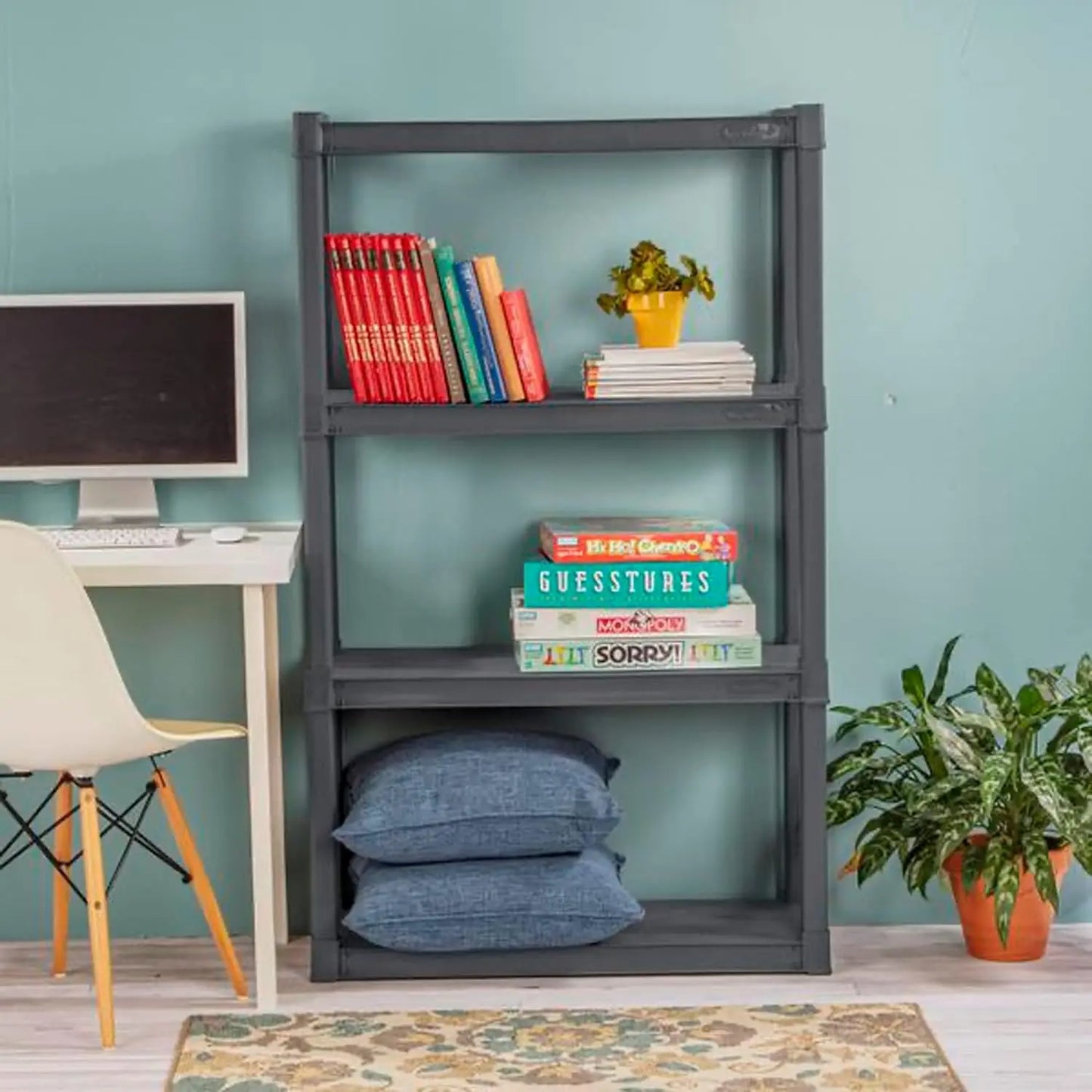 4 Shelf Unit, Heavy Duty and Easy to Assemble Plastic Storage Unit, Organize Bins in the Garage