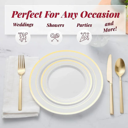 200pc Gold Plastic Plates - 100 Dinner Plates & 100 Salad Plates, Party Plates Disposable Heavy Duty - Dessert, Appetizer