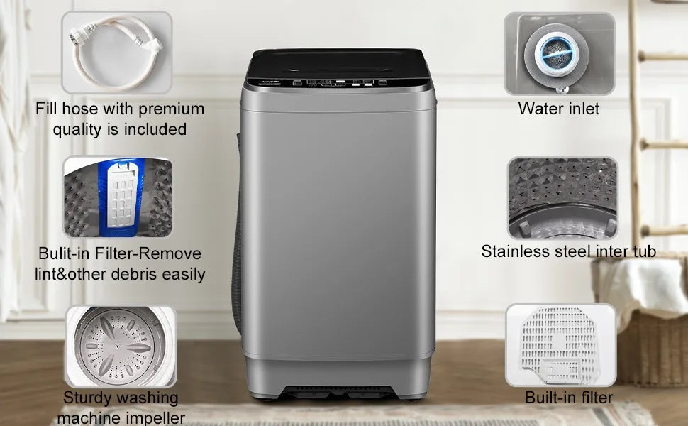 Full-Automatic Washing Machine, Portable Washer, with Drain Pump, LED Display/8 Water Levels Selections/10 Programs, 15.6lbs