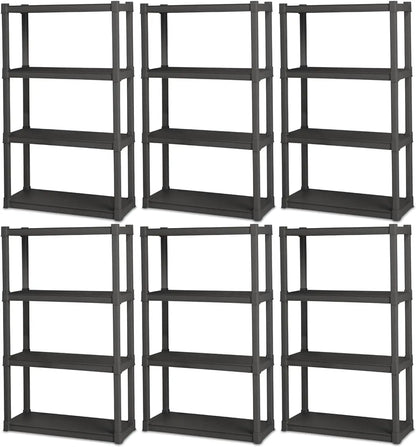 4 Shelf Unit, Heavy Duty and Easy to Assemble Plastic Storage Unit, Organize Bins in the Garage