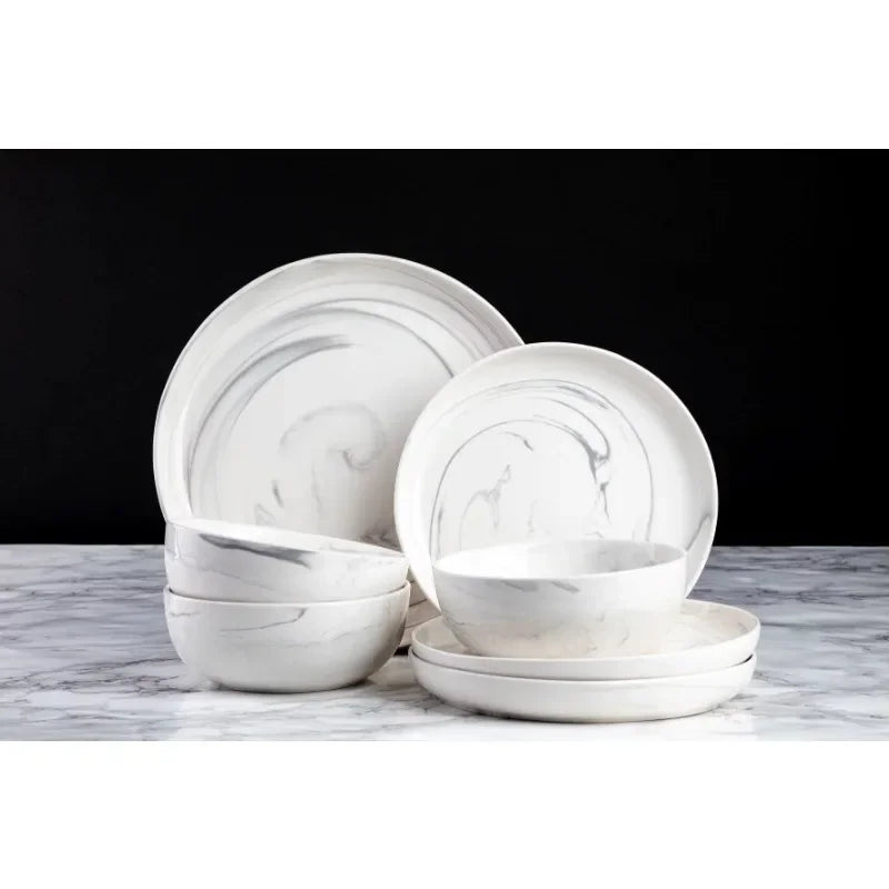 12-Piece Dinnerware Grey Marble Stoneware Set