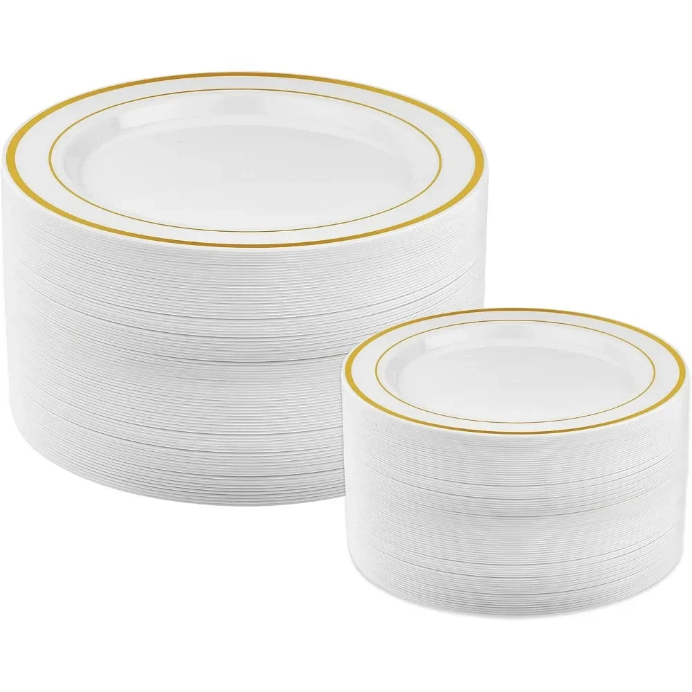 200pc Gold Plastic Plates - 100 Dinner Plates & 100 Salad Plates, Party Plates Disposable Heavy Duty - Dessert, Appetizer