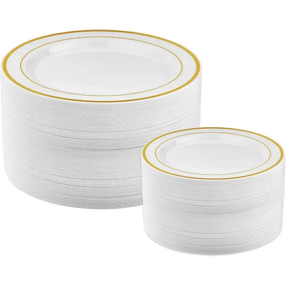 200pc Gold Plastic Plates - 100 Dinner Plates & 100 Salad Plates, Party Plates Disposable Heavy Duty - Dessert, Appetizer