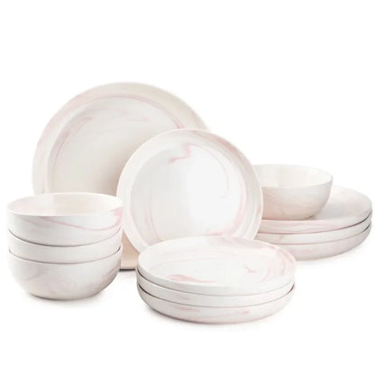 12-Piece Dinnerware Grey Marble Stoneware Set