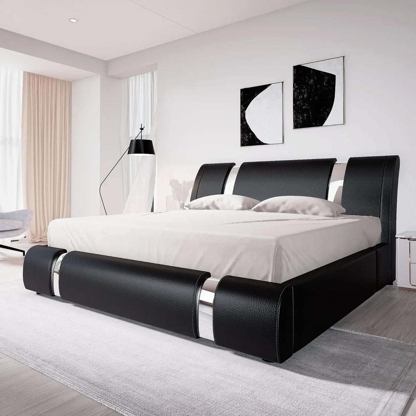 Leather Upholstered Platform Bed With Adjustable Headboard