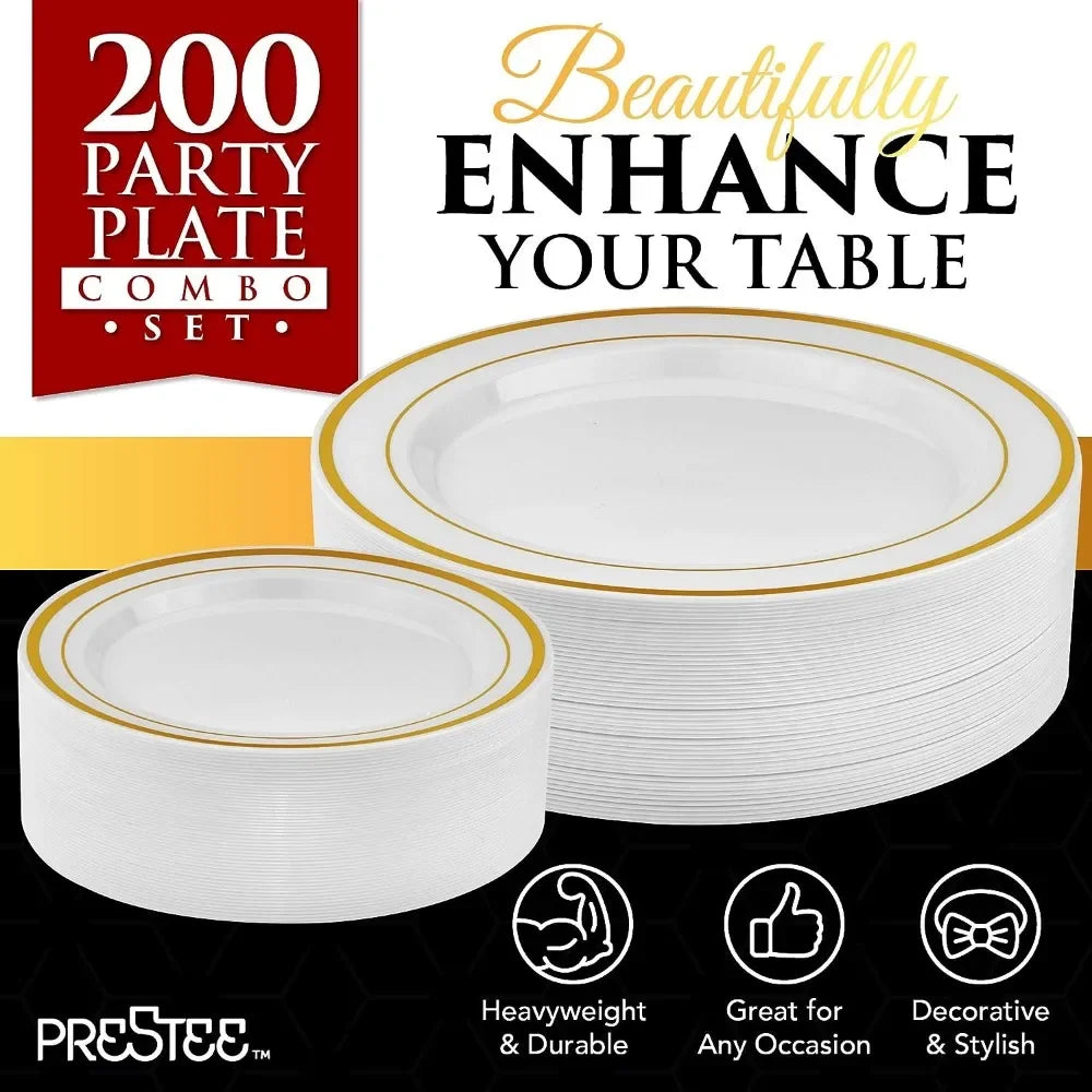 200pc Gold Plastic Plates - 100 Dinner Plates & 100 Salad Plates, Party Plates Disposable Heavy Duty - Dessert, Appetizer