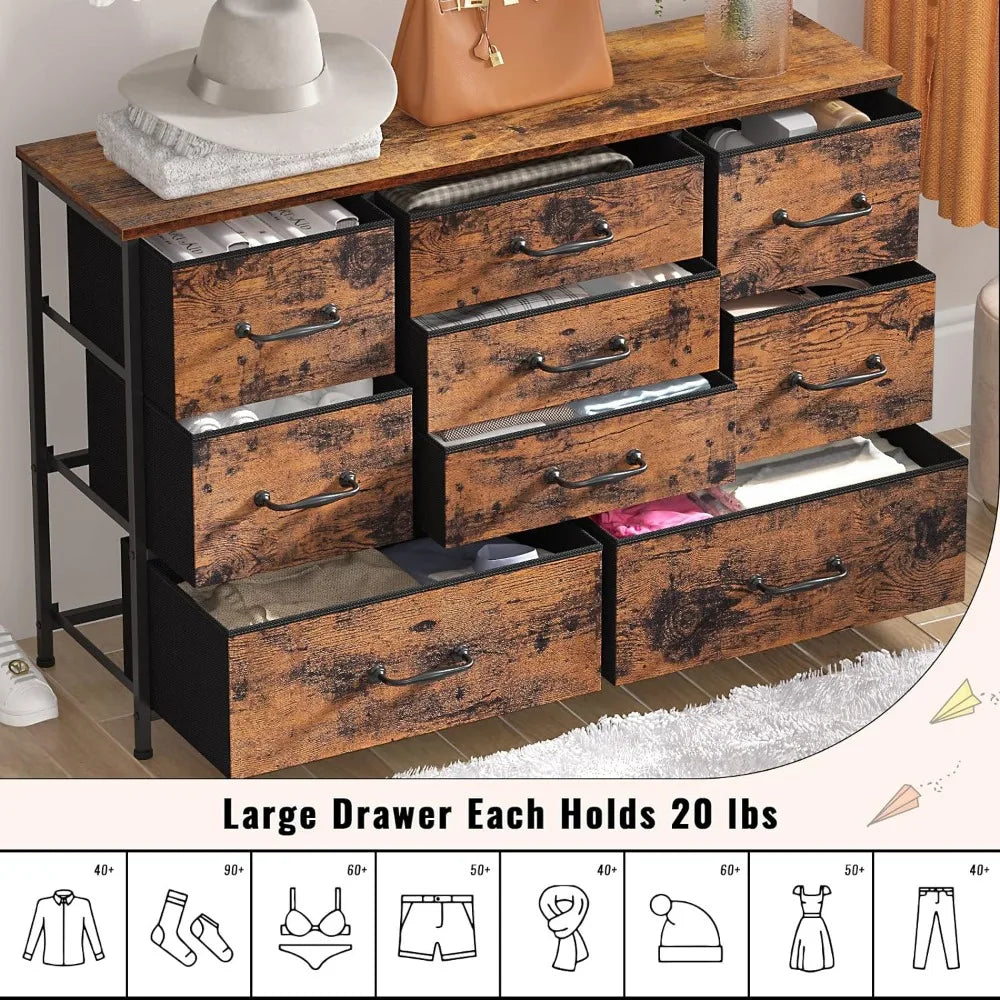 Wide Dresser With 9 Large Drawers