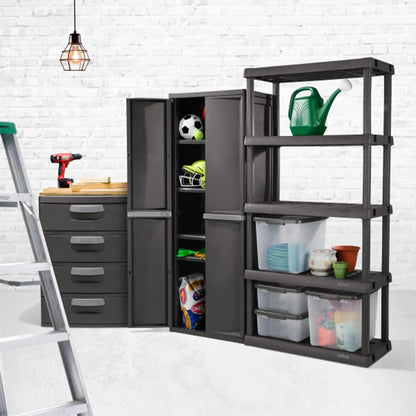 4 Shelf Unit, Heavy Duty and Easy to Assemble Plastic Storage Unit, Organize Bins in the Garage