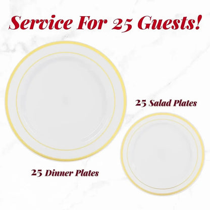 200pc Gold Plastic Plates - 100 Dinner Plates & 100 Salad Plates, Party Plates Disposable Heavy Duty - Dessert, Appetizer