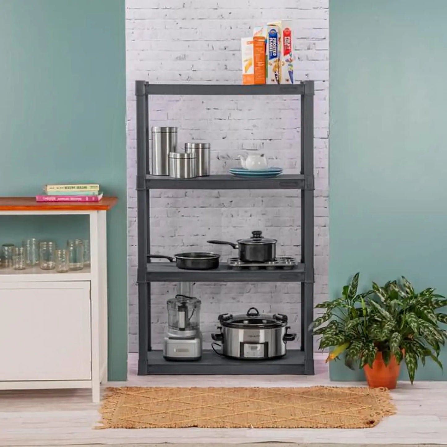 4 Shelf Unit, Heavy Duty and Easy to Assemble Plastic Storage Unit, Organize Bins in the Garage